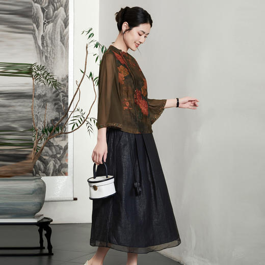 KQ-54828+54827气质夏装衬衫女唐装中国风套裙真丝两件套装 商品图0
