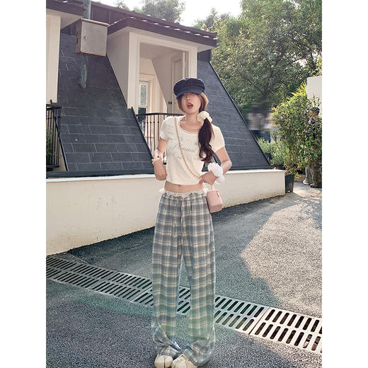 <曾小咸推荐>韩系蕾丝高腰蓝色格子休闲裤 商品图4