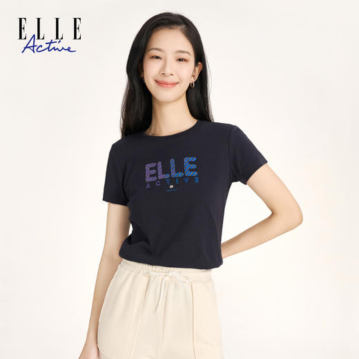 ELLE Active夏新款舒适亲肤经典字母针织短袖T恤女修身版上衣 商品图4