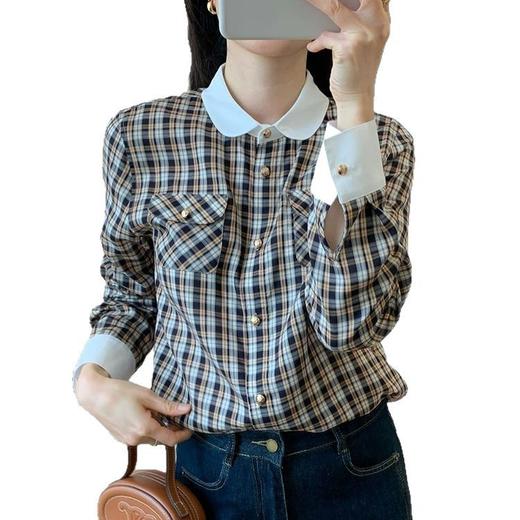 法奢CE家！2025春夏季女装复古减龄天丝娃娃领撞色格子衬衫长袖气质上衣！ 商品图4