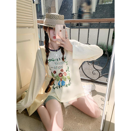 <曾小咸推荐>现货秒杀！最后一波 ！抢到赚到！杏色花朵印花撞色圆领长袖 日常129.99 立减70 秒杀59.99！ 商品图3