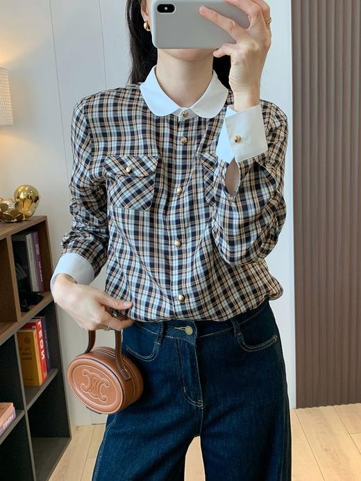 法奢CE家！2025春夏季女装复古减龄天丝娃娃领撞色格子衬衫长袖气质上衣！ 商品图5