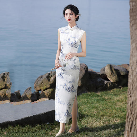 夏季青花瓷无袖新中式长款改良旗袍2025新款少女复古修身日常可穿旗袍ZA&WZY9345 商品图2