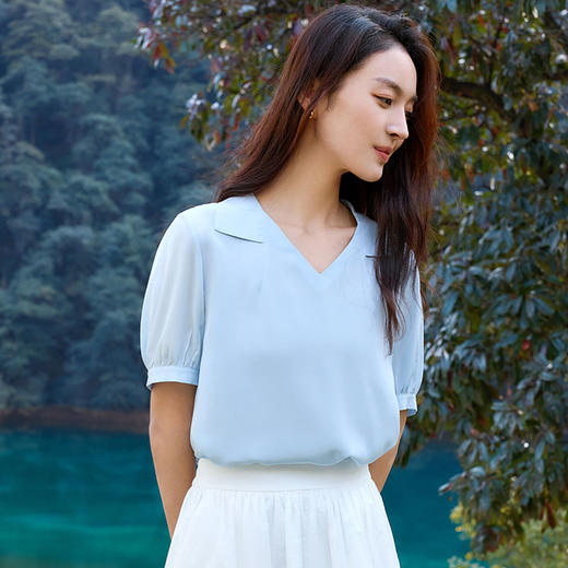 玳莎V领叠趴领真丝衬衫女2025年夏季新款短袖100%桑蚕丝双绉上衣  FB31101 商品图0