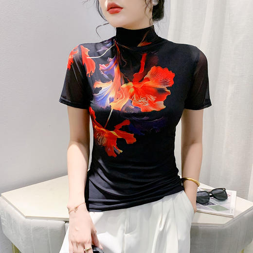 时尚洋气印花定位花短袖网纱设计感上衣K-A55F8636 商品图2