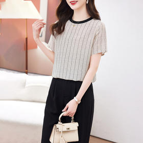 KQ-90621大码衣服真丝条纹印花休闲半袖T恤女宽松桑蚕丝上衣短袖t恤女装夏