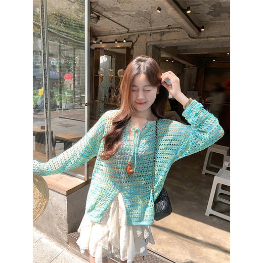 <曾小咸推荐>慵懒风绿色镂空系带圆领长袖针织罩衫 券后79.19！ 休闲裤特价69.99！！【预售7-15天发货】【预售3-15天发货】 商品图0