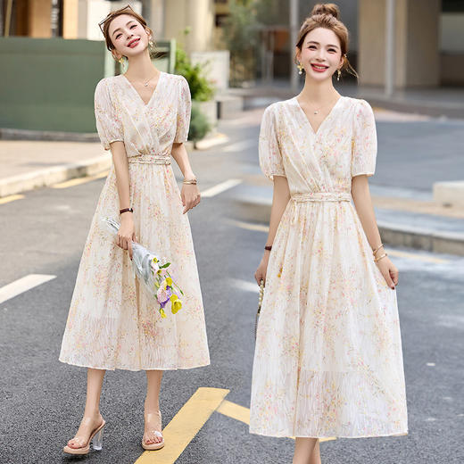 时尚法式收腰显瘦，新中式国风复古碎花连衣裙LJX-385 商品图3