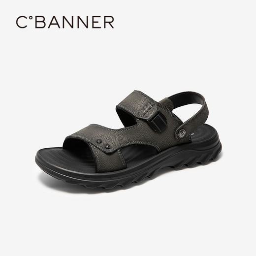 千百度男鞋牛皮休闲凉鞋度假厚底舒适露趾沙滩凉鞋A25311112 商品图1