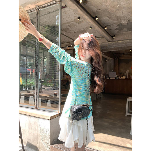 <曾小咸推荐>慵懒风绿色镂空系带圆领长袖针织罩衫 券后79.19！ 休闲裤特价69.99！！【预售7-15天发货】【预售3-15天发货】 商品图4