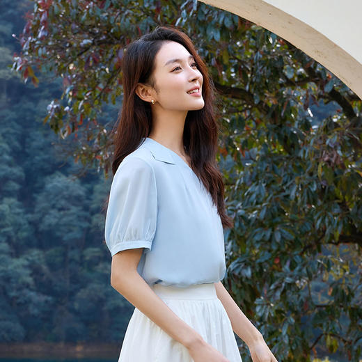 玳莎V领叠趴领真丝衬衫女2025年夏季新款短袖100%桑蚕丝双绉上衣  FB31101 商品图1