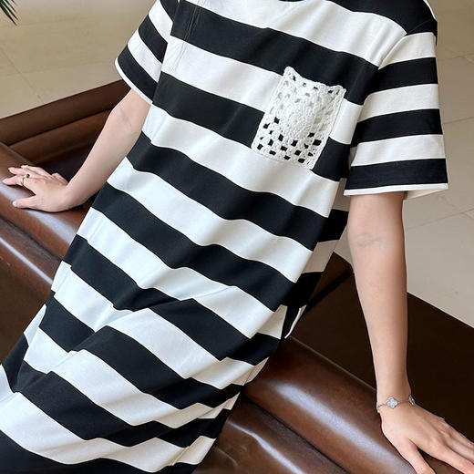 洛诗琳40942法师复古条纹裙2025夏季新款休闲钩花T恤裙k1201 商品图3