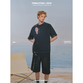 启世录TIWILLTANG“碎荧灼珲”破洞拼接短袖夏季纯棉圆领T恤上衣