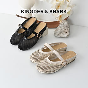 经典鲨2025年夏季款百搭圆头一字扣舒适平底室内外渔网半托鞋女KW163-529051