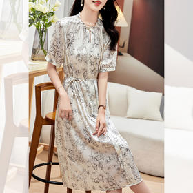 KQ-PZ09150   19姆米重磅斜纹绸桑蚕丝2025夏新款法式温柔风碎花真丝短袖连衣裙