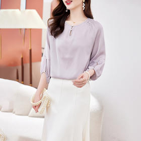 KQ-90628真丝法式小众OL上衣女20235夏五分袖宽松缎面衬衫桑蚕丝圆领小衫