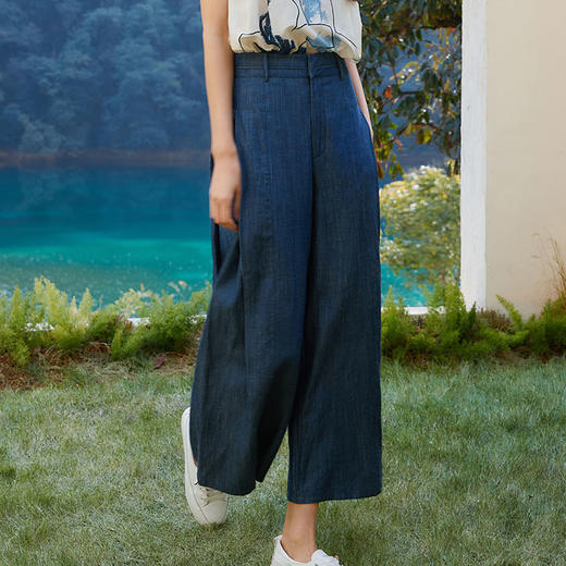 玳莎天丝亚麻牛仔蓝九分裤女2025年夏季新款宽松显瘦百搭休闲裤  FB36309 商品图1