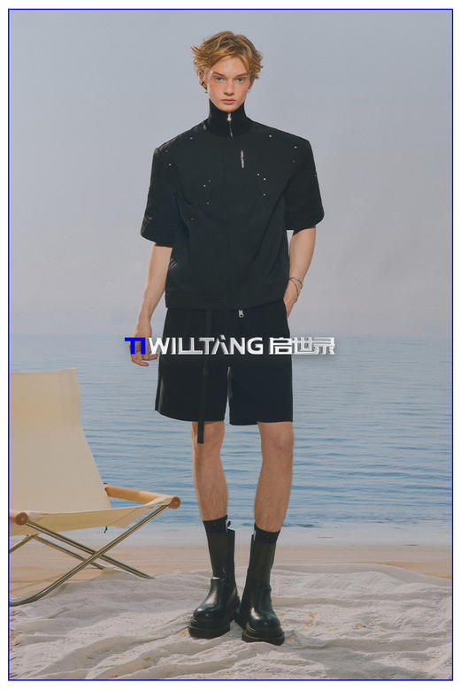 启世录TIWILLTANG“跃动晶凌"无领结构分割短袖夹克夏季刺绣上衣 商品图5