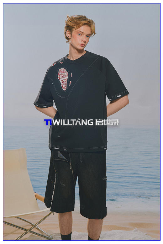 启世录TIWILLTANG“碎荧灼珲”破洞拼接短袖夏季纯棉圆领T恤上衣 商品图5