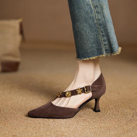 【预售5天】6cm复古风尖头金属一字扣包头高跟鞋时尚百搭通勤中空凉鞋JLY&18-628