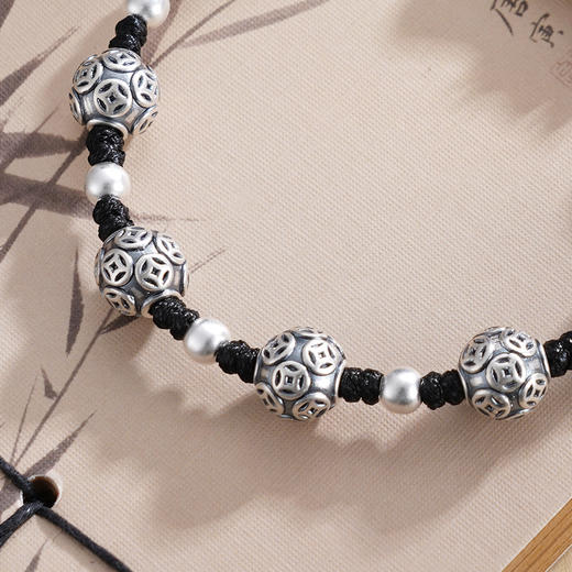 子佩集S999银【聚财灵兽】手链【SC001265】纯银仿古貔貅钱币黑绳2503 商品图1