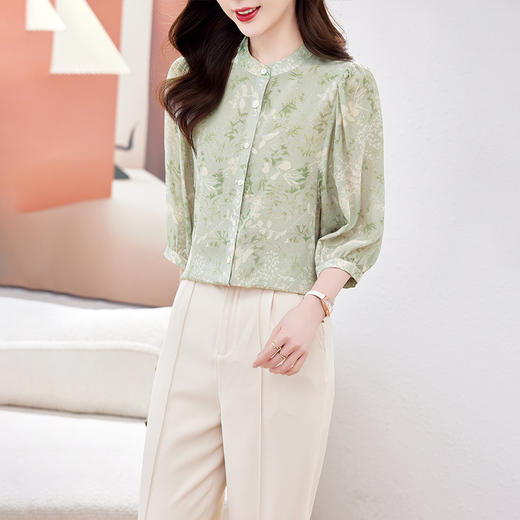 KQ-506015夏季新款五分袖真丝花色上衣女士时尚桑蚕丝小衫宽松舒适 商品图0
