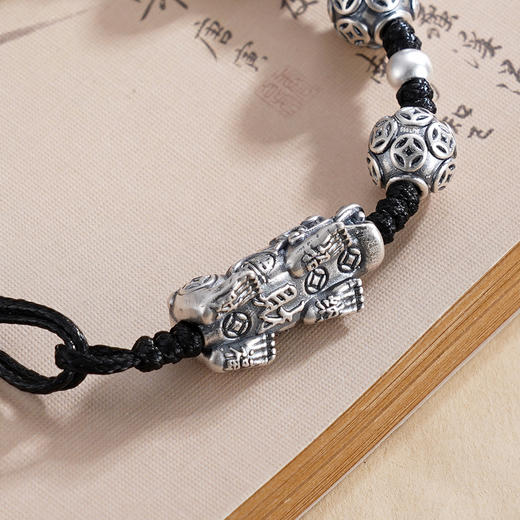 子佩集S999银【聚财灵兽】手链【SC001265】纯银仿古貔貅钱币黑绳2503 商品图8