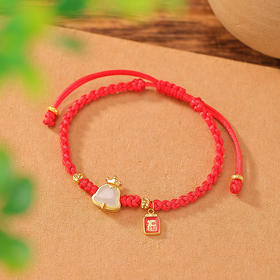 S925纯银镀金和田玉蛇手绳，原创手工红绳编织设计福字银手链CW- SS00423