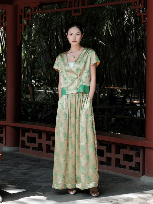 盛唐婧 |桑蚕丝竹菊清影双色提花裤子 商品图1