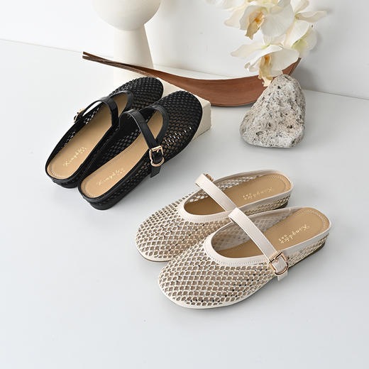 经典鲨2025年夏季款百搭圆头一字扣舒适平底室内外渔网半托鞋女KW163-529051 商品图1