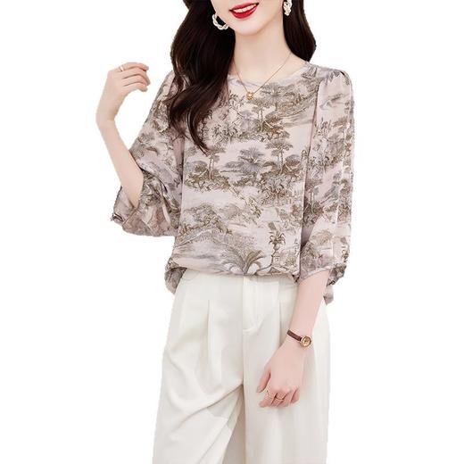 KQ-A21823透气双绉真丝上衣女七分袖夏桑蚕丝T恤衫气质圆领小衫 商品图4
