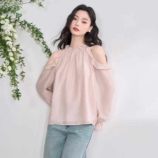 气质优雅莱赛尔露肩重工立体花边领口衬衫女衬衣V0450100 商品图4