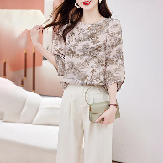 KQ-A21823透气双绉真丝上衣女七分袖夏桑蚕丝T恤衫气质圆领小衫 商品图2