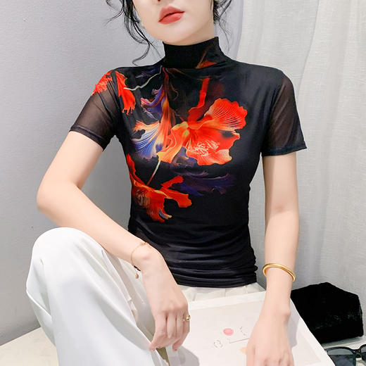 时尚洋气印花定位花短袖网纱设计感上衣K-A55F8636 商品图0
