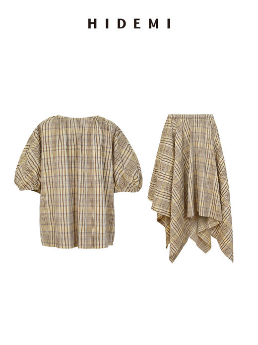 HIDEMI 不规则剪裁大伞状进口韩国纱线格纹泡泡袖上衣半身裙套装 商品图8