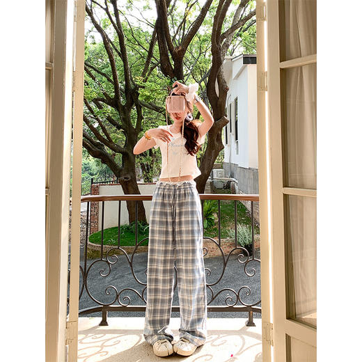 <曾小咸推荐>韩系蕾丝高腰蓝色格子休闲裤 商品图2