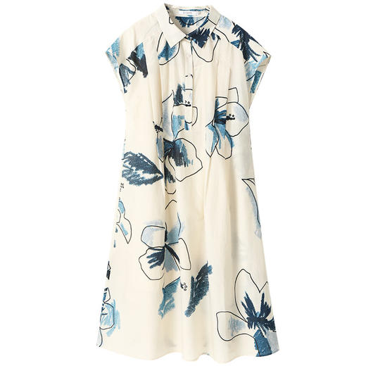 玳莎蓝色印花宽肩连衣裙两件套宽松腰带收腰衬衫裙2025年夏季新款  FB35003 商品图4