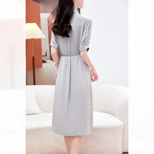 KQ-P09096茶歇法式桔梗复古真丝气质收腰显瘦翻领蓝条衬衫连衣裙女夏桑蚕丝 商品图1