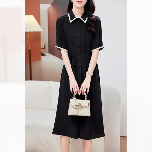 KQ-P09096茶歇法式桔梗复古真丝气质收腰显瘦翻领蓝条衬衫连衣裙女夏桑蚕丝 商品图3