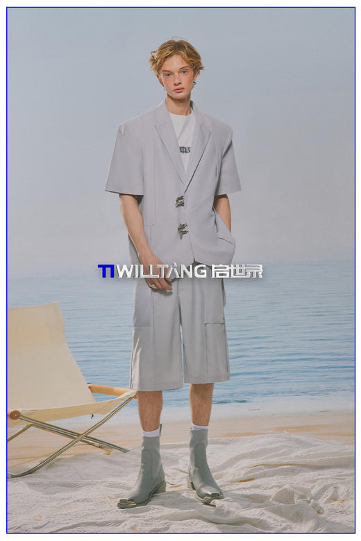 启世录TIWILLTANG"秩翼宇寰“工字褶斜向复片拼接短袖西装外套男 商品图5