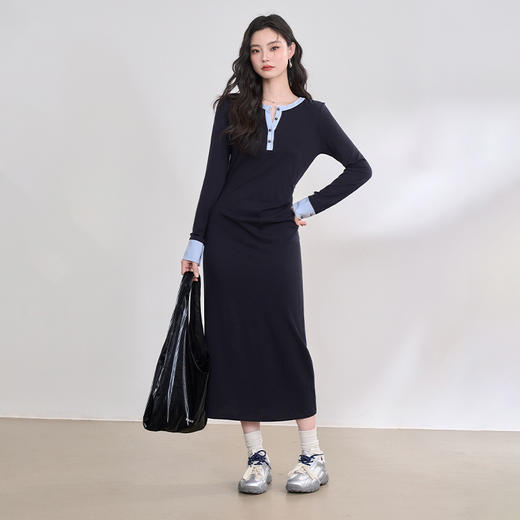 MIU系学院风拼色设计感收腰针织连衣裙女修身长裙V0350176 商品图1
