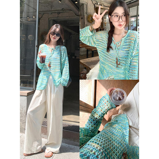 <曾小咸推荐>慵懒风绿色镂空系带圆领长袖针织罩衫 券后79.19！ 休闲裤特价69.99！！【预售7-15天发货】【预售3-15天发货】 商品图1