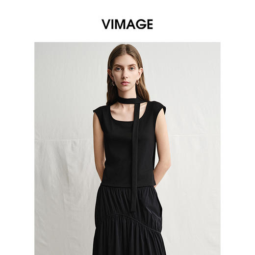 VIMAGE纬漫纪高级通勤简约修身显瘦黑色T恤上衣2025夏季新款V2313919 商品图3