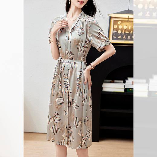 KQ-PZ09152    19姆米重磅弹力缎桑蚕丝夏季女装v领收腰时尚休闲印花真丝连衣裙 商品图2