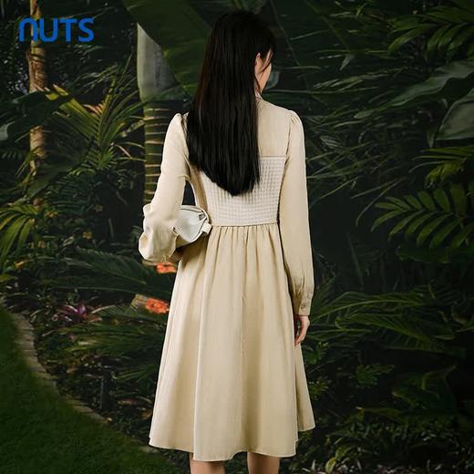 NUTS春秋季新款杏色气质高腰拼接长袖衬衫连衣裙女411102435 商品图4