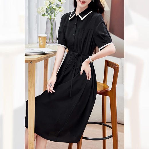 KQ-P09096茶歇法式桔梗复古真丝气质收腰显瘦翻领蓝条衬衫连衣裙女夏桑蚕丝 商品图2