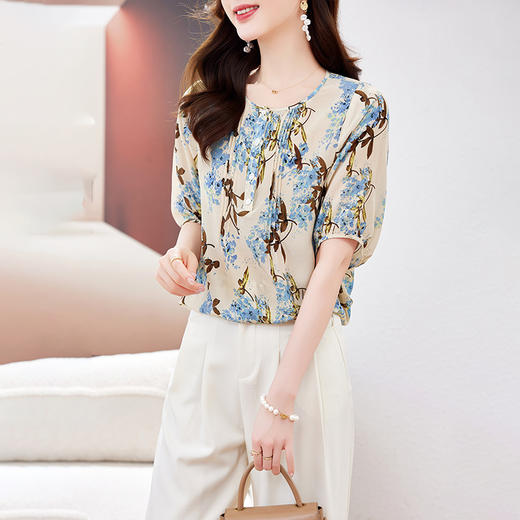 KQ-506013真丝衬衫女士夏季宽松短袖上衣新款小个子碎花小衫桑蚕丝上衣 商品图2