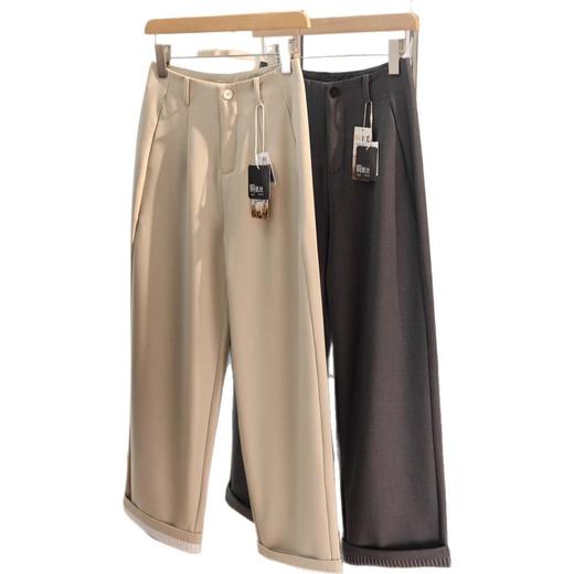 松弛感！通勤铜氨丝精纺羊毛条纹翻边高腰裤！2025宽松直筒阔腿裤西裤女春夏款！ 商品图4