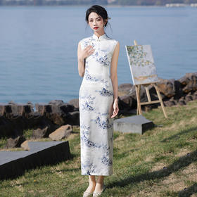 夏季青花瓷无袖新中式长款改良旗袍2025新款少女复古修身日常可穿旗袍ZA&WZY9345