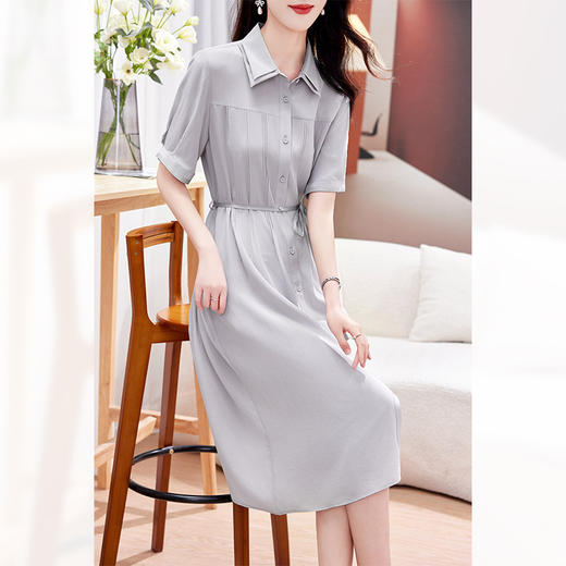 KQ-P09096茶歇法式桔梗复古真丝气质收腰显瘦翻领蓝条衬衫连衣裙女夏桑蚕丝 商品图0